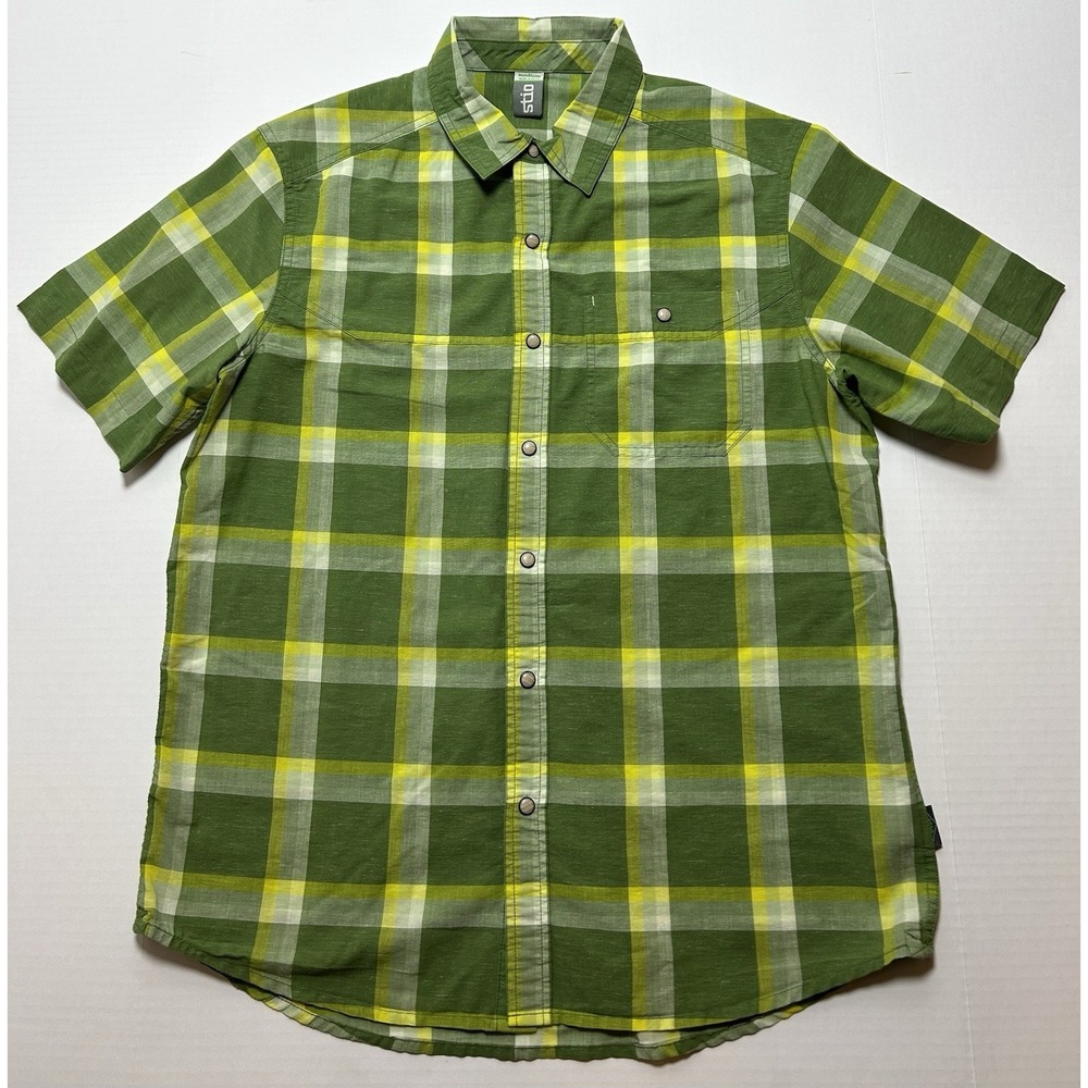 Stio Werner Outdoor Shirt Mens Medium Green Short Sleeve Pearl Snaps Linen Blend